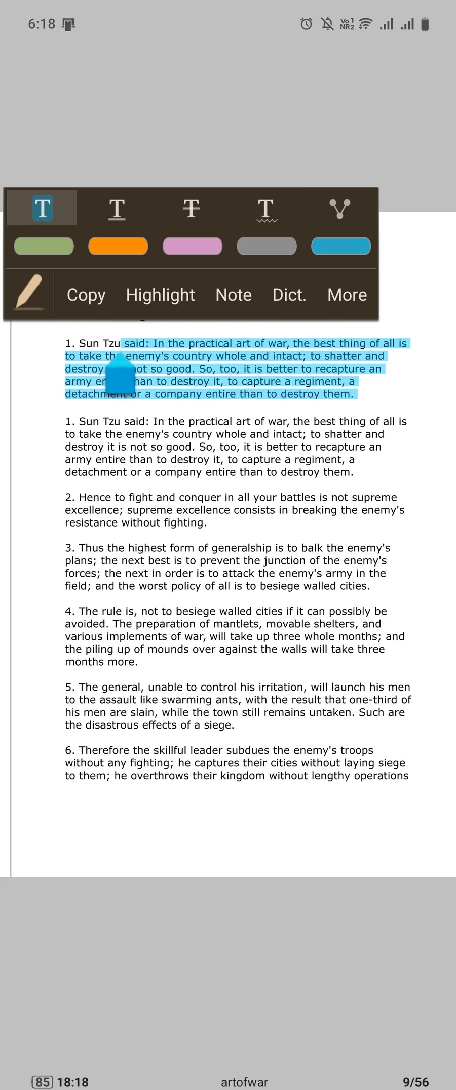 Original screenshot showing blue text selection and Copy, Highlight, Note and Dict. controls.